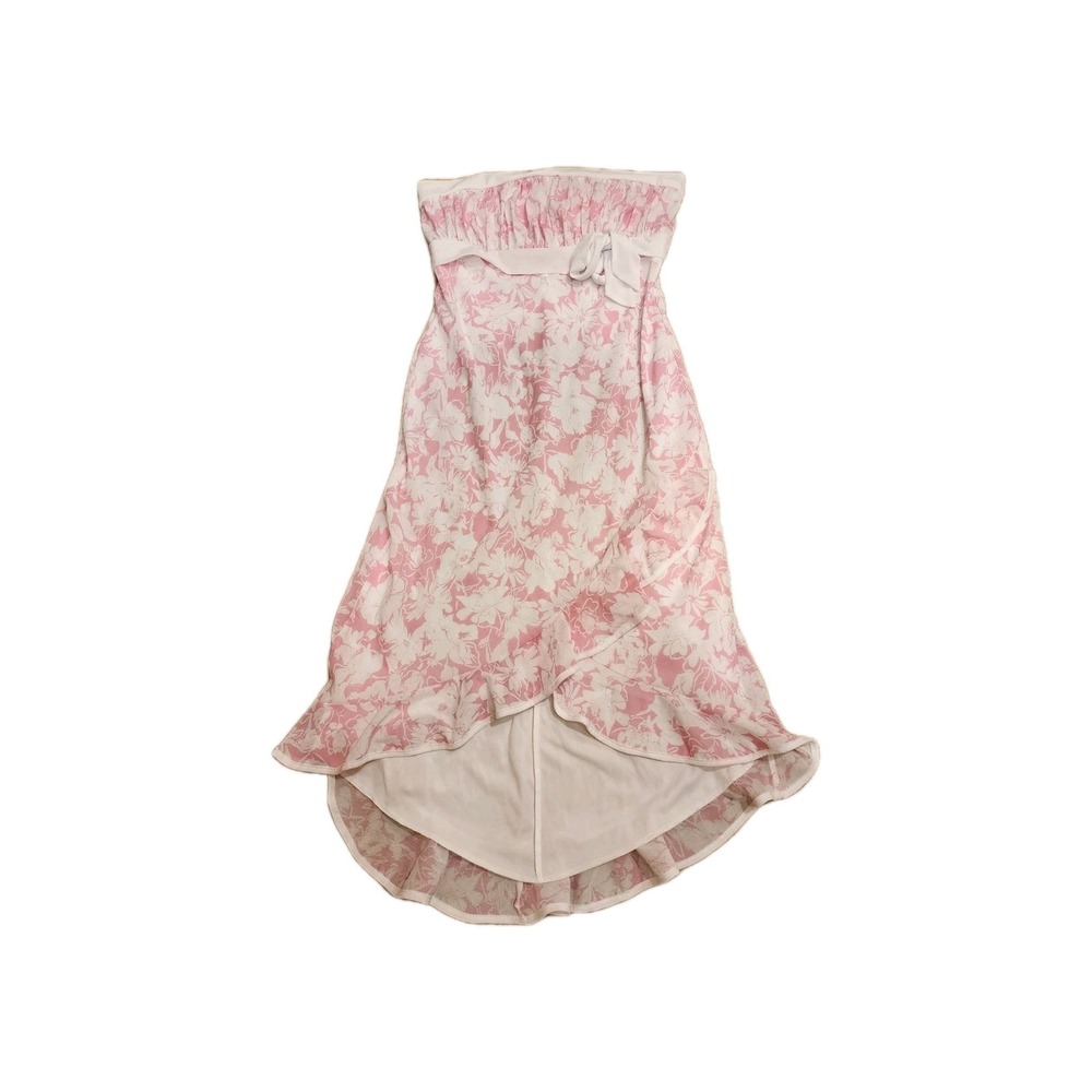 Floral Strapless‎ Midi Dress Pink White High Low Bow Party Cocktail Y2K
